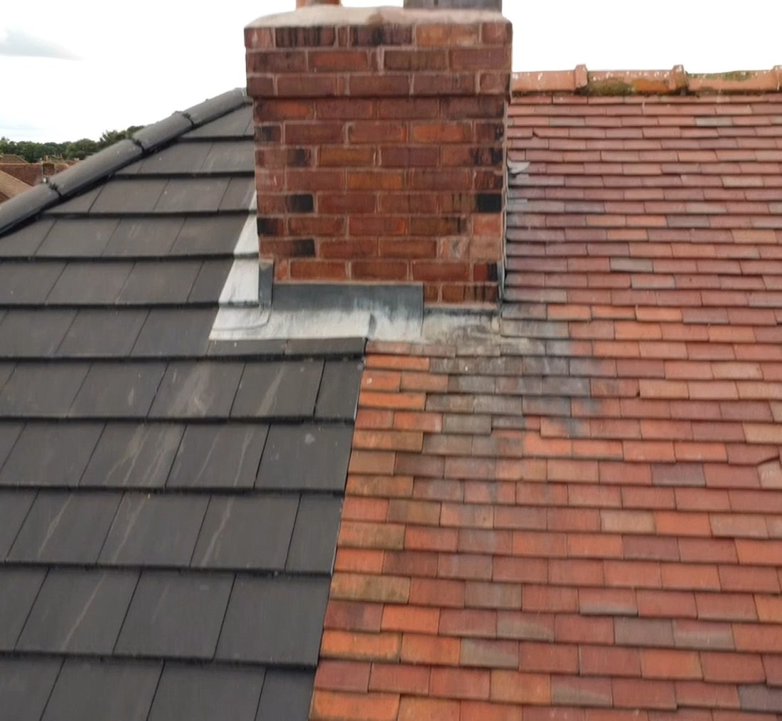 The same chimney stack after repointing, the brickwork pointed back up and the mortar joints clean and even